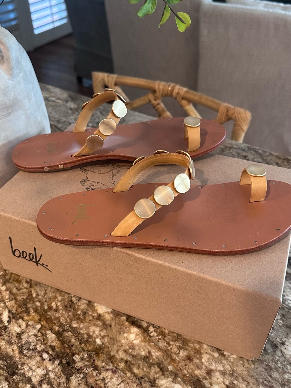 beek Tan Leather Toe-Loop Sandals with Gold Discs